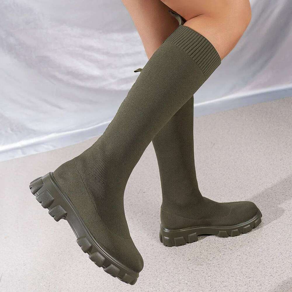 Thick Sole Knitted Long for Women Fashion Elastic Socks Shoes Boots Over Knee Round Toe Low Heels Botas De Mujer 2025