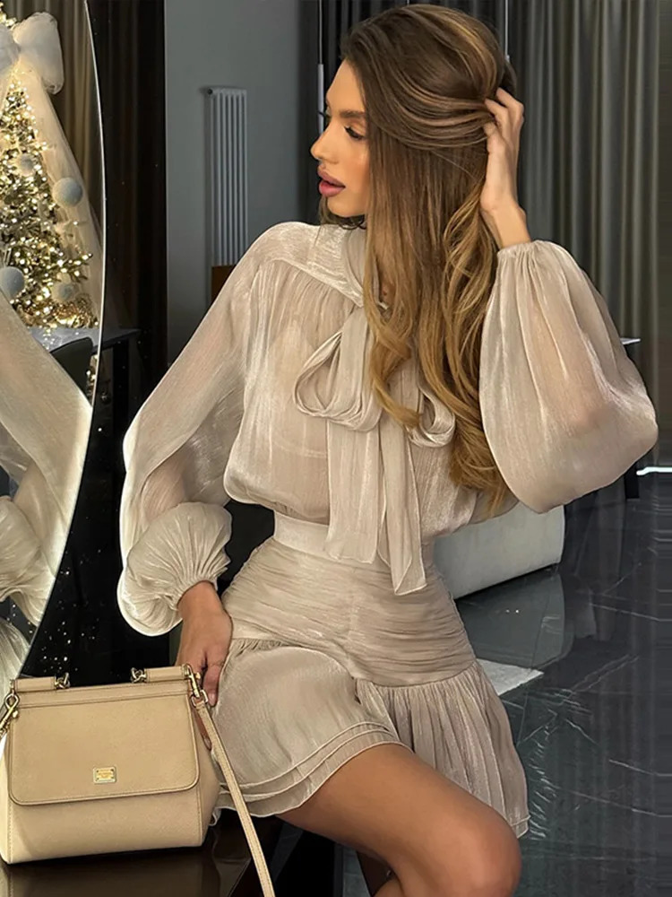 Flounce Mini Skirts Suits Womens Elegant Loose Lace Bow Long Sleeve Shirt 2-piece Set Womens Spring Solid Dress 250422