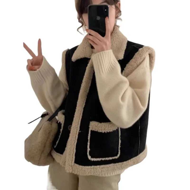 Winter Casual Wear Womens Korean Velvet Suede Sleeveless Vest with Sheepskin Fur Thickened Lapel Collar Outerwear for FallT251128