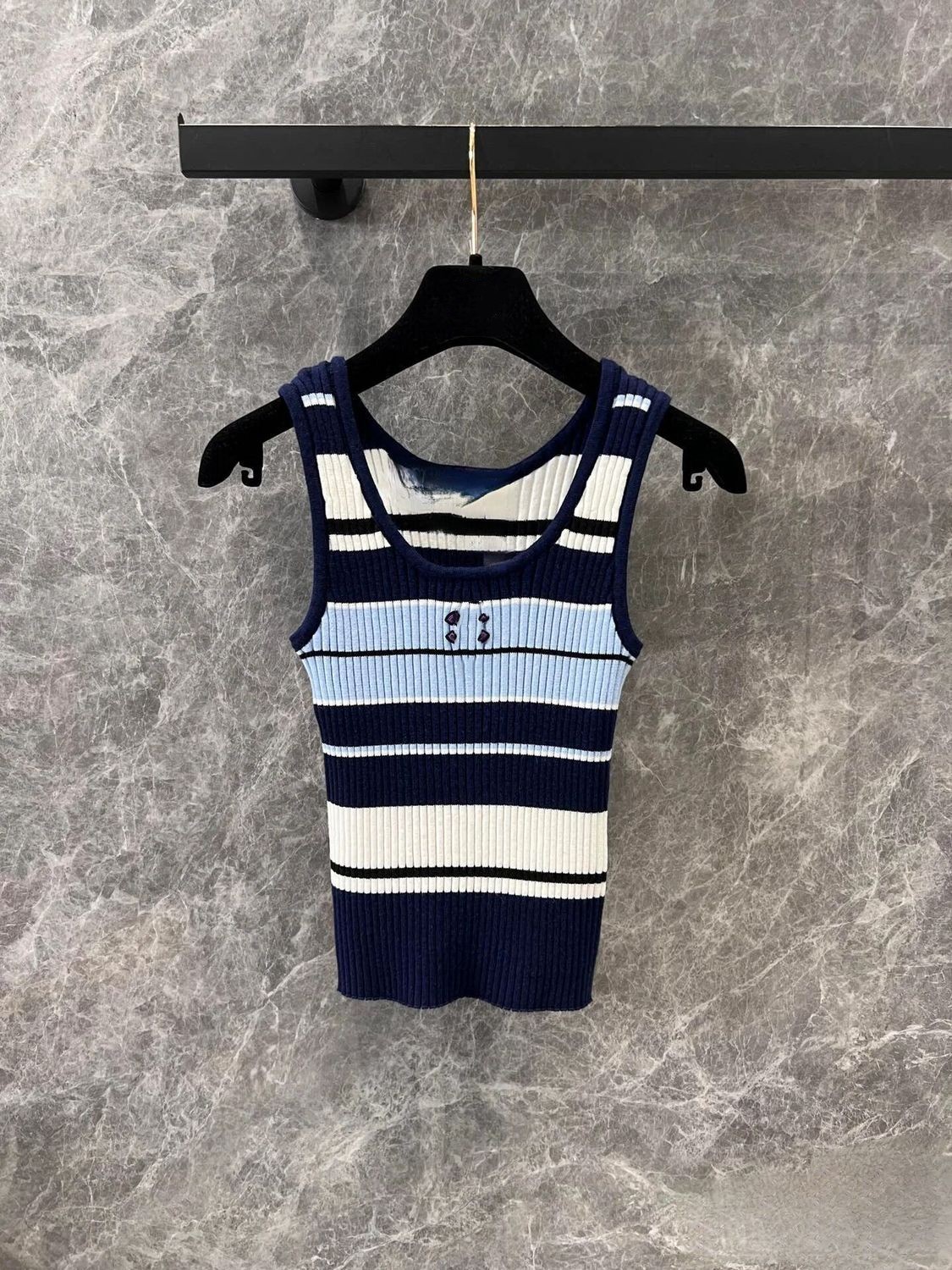 Women's o-neck sleeveless logo embroidery knitted tanks color block stripe vest camis XSSML