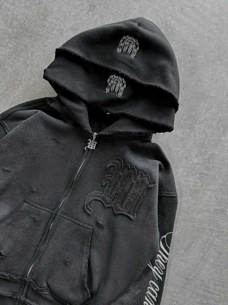 High street retro perforated embroidery American style Casual couple set street Harajuku punk loose hooded sweatshirtXJ251127