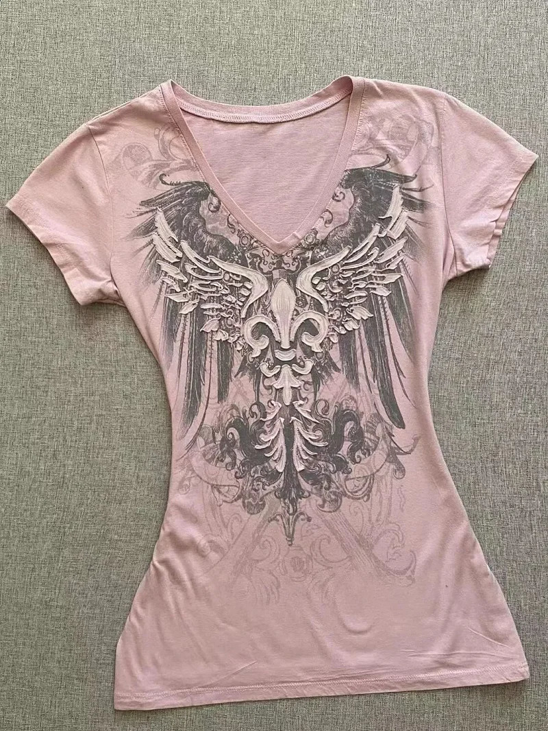 American Vintage tie Trndy High Street Women T-shirt Autumn Slim Fit All Match Short Sleeve Graphic T Shirts Y2k Top 250428