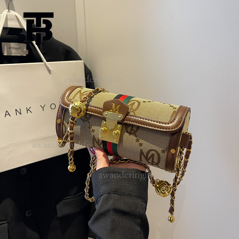 TB BHULAMTE Designer Luxury Striped Women's Law Stick Bag Fashion Chain Retro Printed Single Shoulder Crossbody Bag Trendy Mini Cylinder Phone Ba