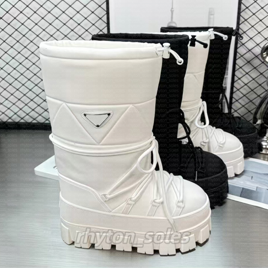 2025 Designer Luxury Apres boots Snow Boot Womens Nylon Wadatweed Thick Sole Round Toe Lace Up Mid Calf Snow Boot Winter Extra Thick Warm Booties