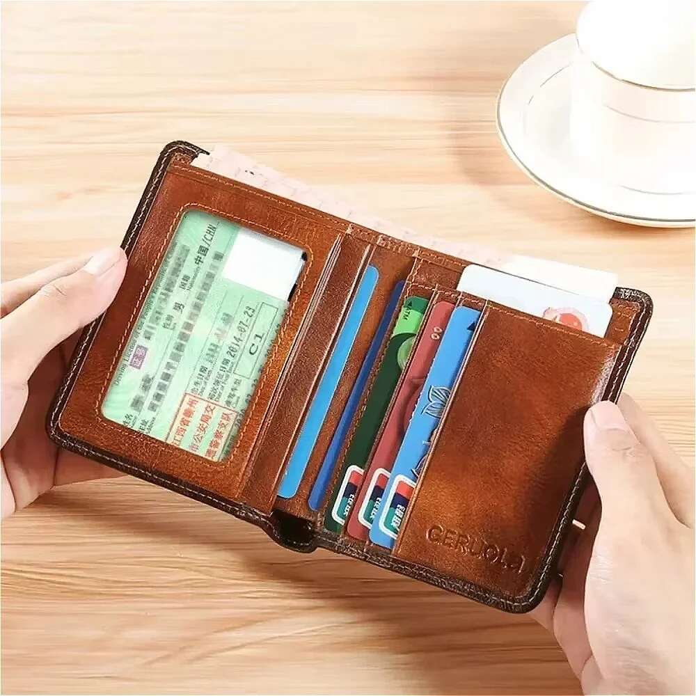 Men Genuine Leather Rfid Blocking Trifold Wallet Vintage Thin Short Multi Function ID Credit Card Holder Male Purse Money designer wallet