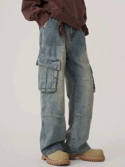 Mens Baggy Denim Cargo Pants Multi-Pocket Wide-Leg Jeans Vintage Washed Loose Fit Strtwear StyleC250528