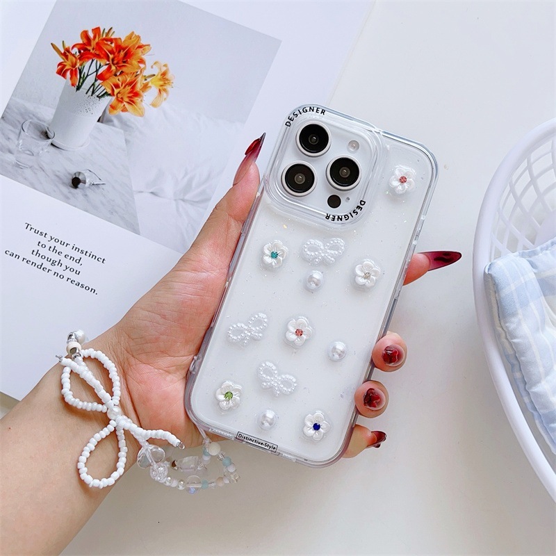 Epoxy Bowknot Pearl Small Flower Phone Case iPhone 17 Pro Max Compatible with Apple 16 /15 Pro Transparent Protective Case