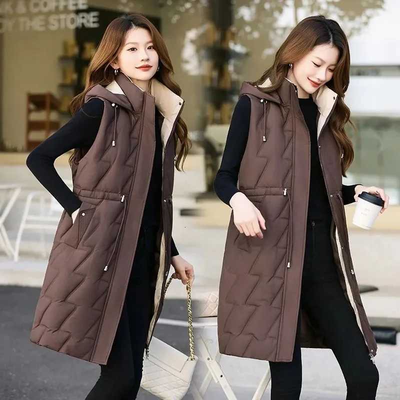 Winter Down Cotton Sleeveless Vest Women Warm Hooded Mid Long Jacket Casual Female Waistcoat Fashion Outerwears Chaleco MujerT251128