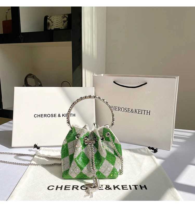 Luxury Designer Green Plaid Rhinestones Diamond Evening Clutch Bag Wedding Party Bucket Purse Womens Handbag Crossbody Bag K251128