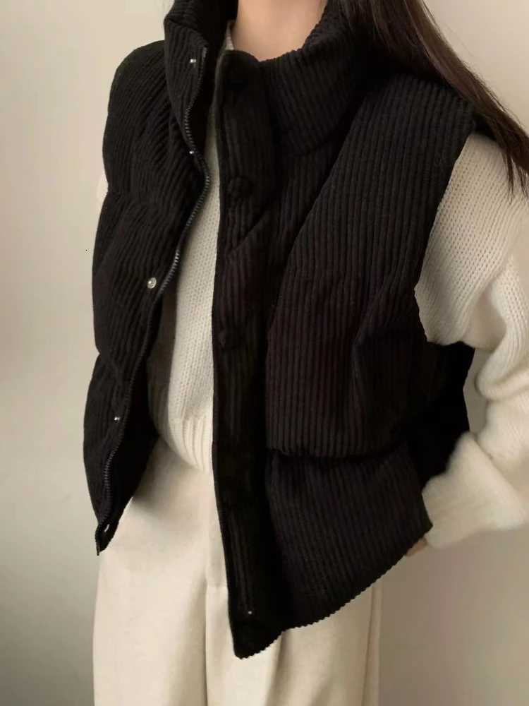 Vintgae Thick Corduroy Stand-up Collar Down Vest 2025 Fall Winter Korean Sleeveless Jacket Female Y2k Outwear Vest Coats TopsT251128