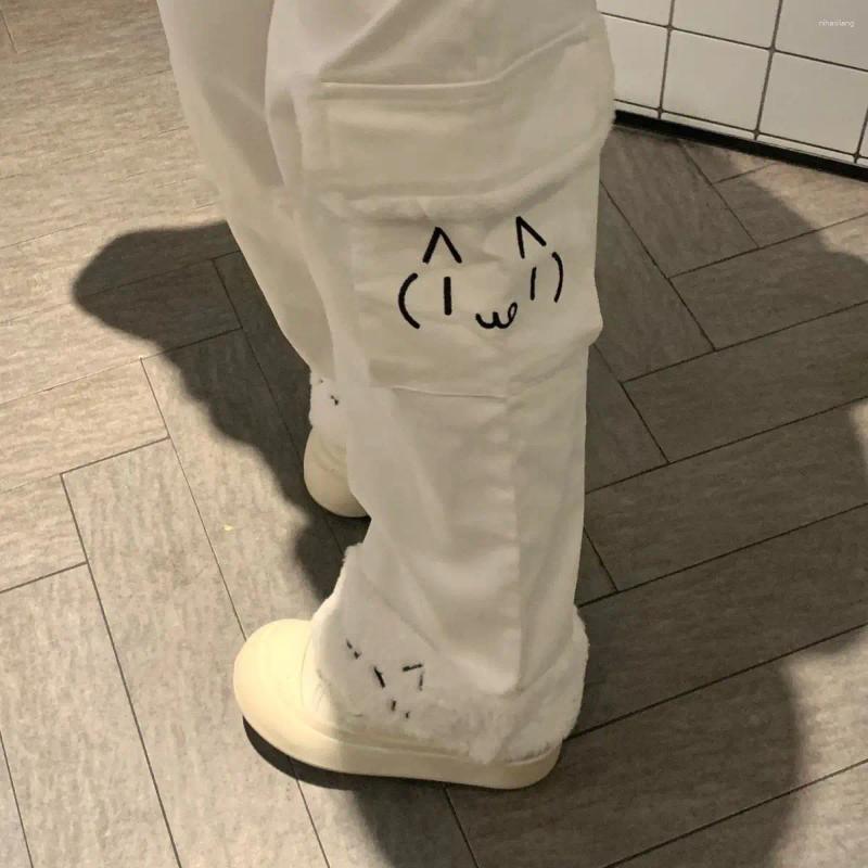 Women's Pants Kimotimo Cute Plush Patchwork Women Autumn Winter High Waist Big Pocket Loose Straight Trousers Casual Fashion Streetwear Z260314