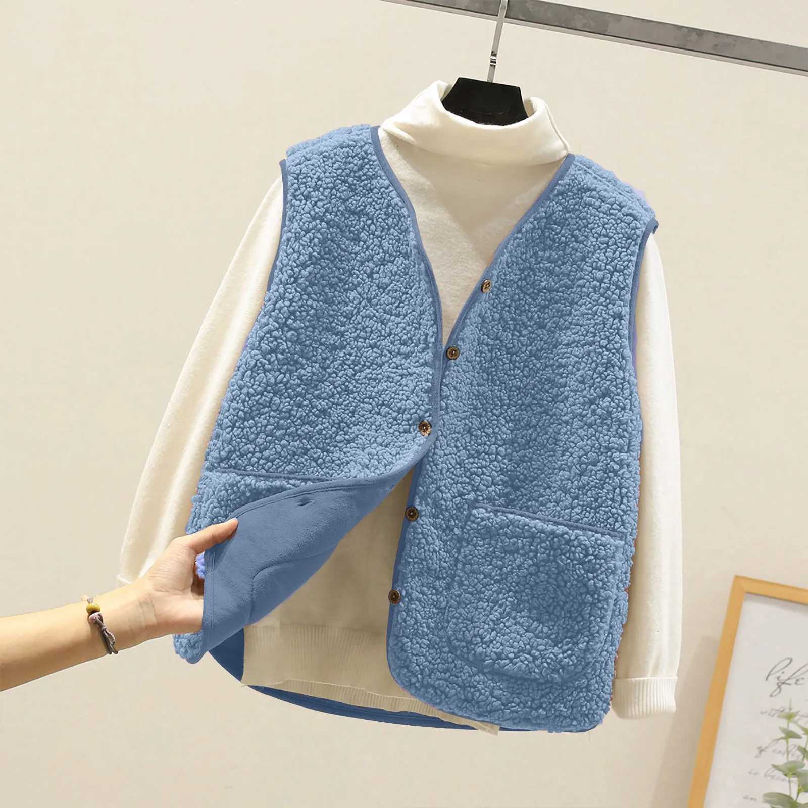 Sleeveless Solid Color Zipper Placket Two Pocket Plush Vest Autumn Winter Thickened Fleece Jacket Vest Women Waistcoat OuterwearT251128