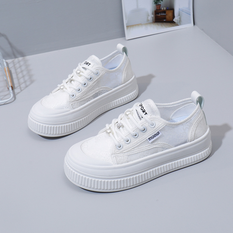 Free shipping designer 2025 Summer internet-famous breathable white sneakers, women's net shoes, versatile thick-soled lace thin casual shoes