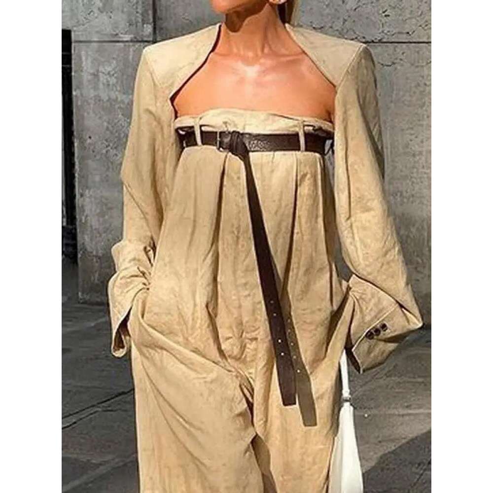 Yeezzi 2024 New Female Fashion Long Sleeves Collarless Outerwear Tops & Strapless Wide Leg Tube Belted Jumpsuits Two Pieces Sets