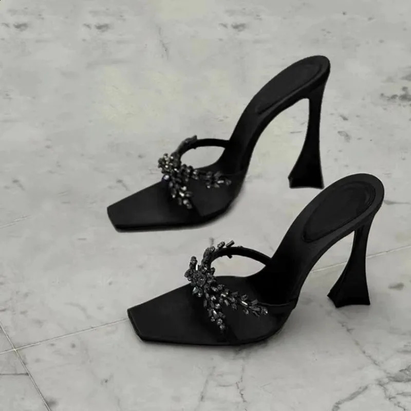 Summer Womens High Heel Sandals Fashion Cross Rhinestone Square Head Open Toe Sandals Silk Sexy Stiletto Shoes 250425