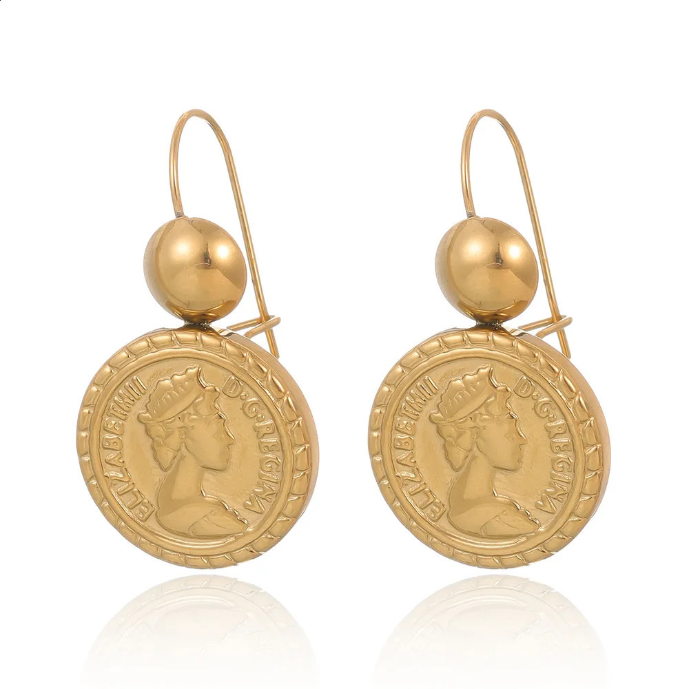 Round Queen Head Gold Coin Drop Earrings Gold Color Stainless Steel Earring For Women Fashion Jewelry Accessories 250427