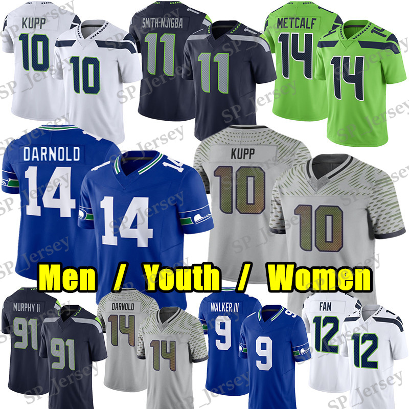#10 Cooper Kupp Football Jersey #14 Sam Darnold Jaxon Smith-Njigba Kenneth Walker III Devon Witherspoon Drew Lock Demarcus Lawrence Byron Murphy II Grey Zabel jerseys