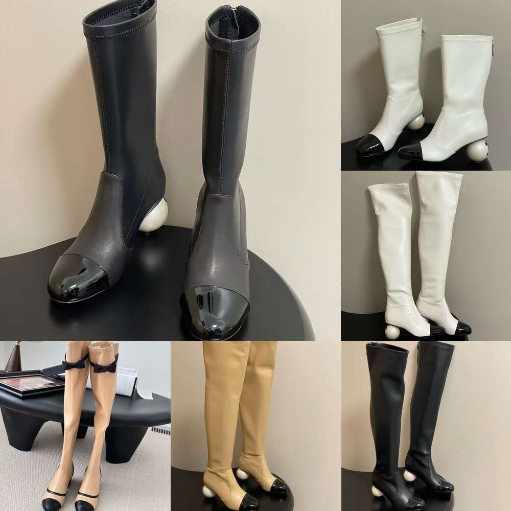 luxury designer shoe woman Fashion booties zip pointed Toe Giant pearl heel high-heeled sheepskin patchwork patent leather Ankle Boots long boots knee high boots