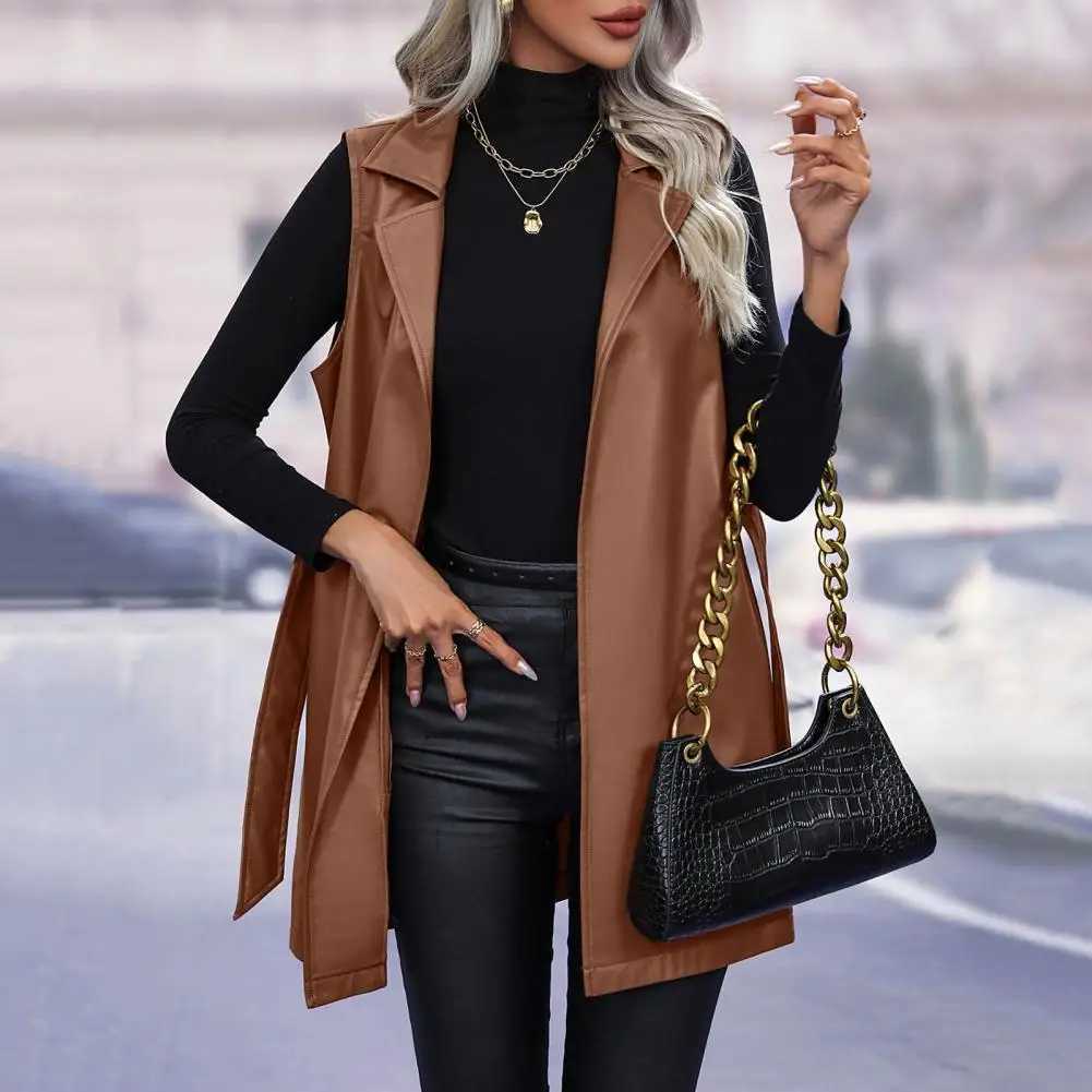 Women Jackets Vests Sleeveless Cardigan Coat with Belt Lace-up Waist Faux Leather Mid Length Cardigan Lady WaistcoatT251128