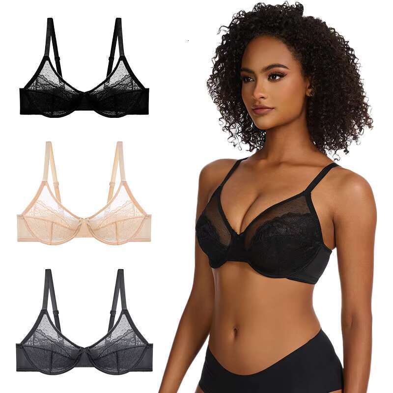 DHessentials Women's plus size nylon lace mini bra with full coverage lifting underwear, adult heavy chest, thin knit daily cup
