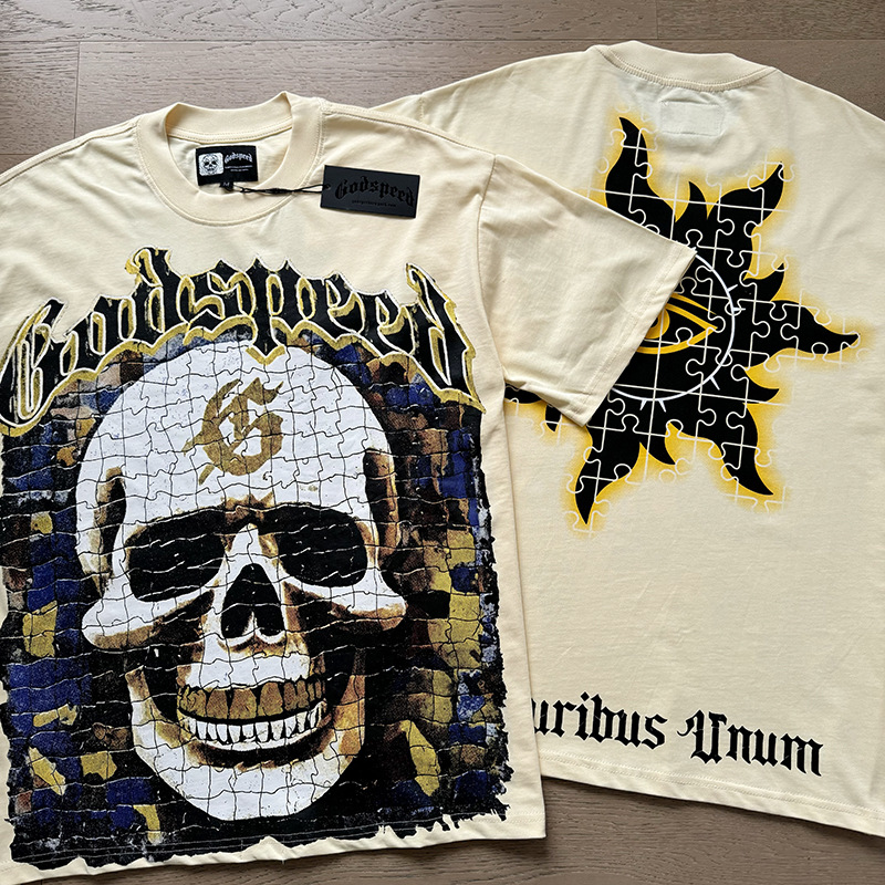 25 Real Photos High Quality Godspeed T-shirt Trendy Rock Street Retro Washed Couple Skeleton Print Cotton Short Sleeve Men Women