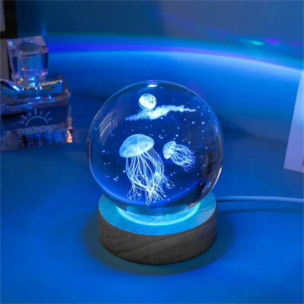 1PC 6CM 3D Jellyfish Rainbow Gradient Laser Engraving Crystal Ball LED Night Light M251128