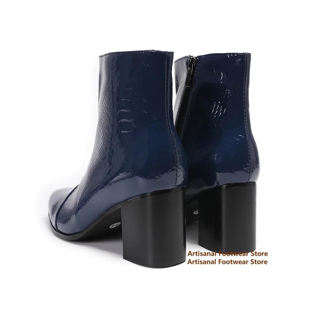 Dark Blue Men Boots Side Zipper Leather High-Top Booties British Style Handmade Botas High Heel Party Men Shoes 251126