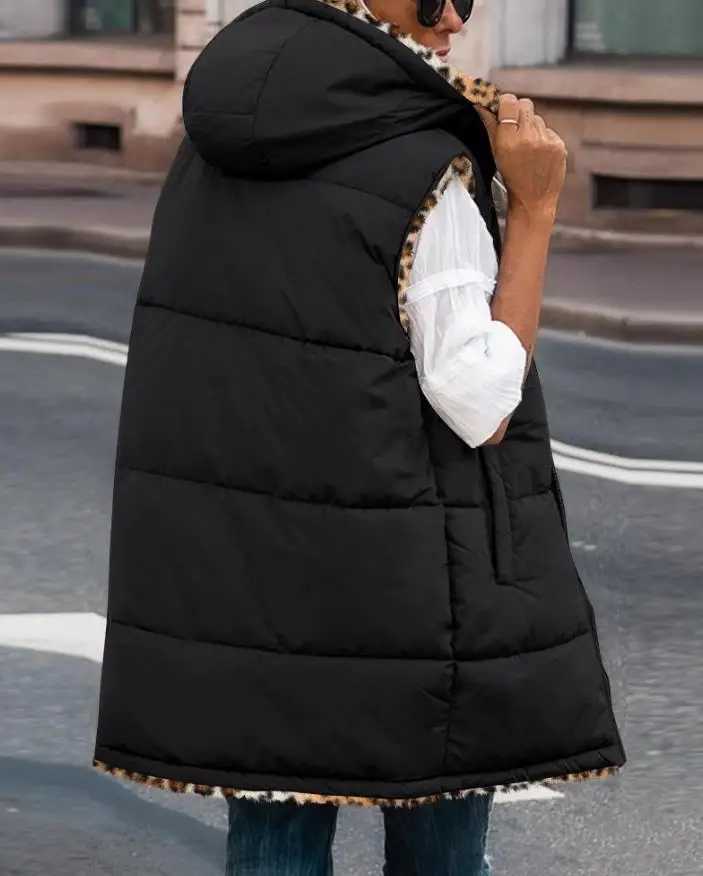 Womens Vest 2024 Autumn Reversible Leopard Pattern Vests Sleeveless Fleece Jacket Zip Up Hoodie Pockets Long Warm Winter CoatT251128