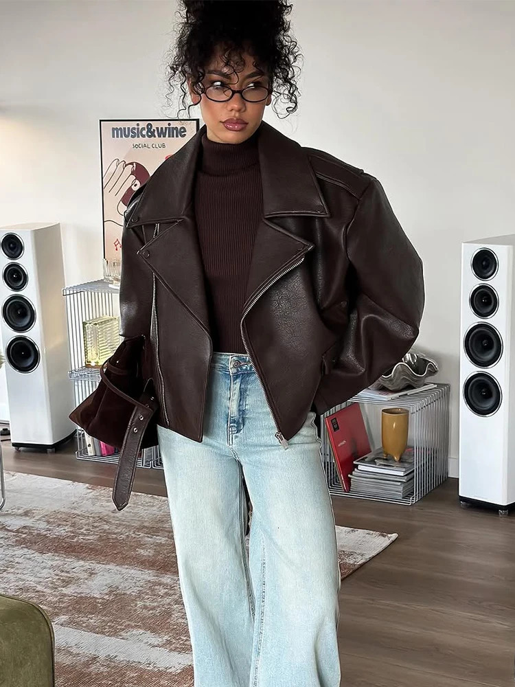 Casual Dark Red Zipper Leather Short Jacket Long Sleeve Lace Up Lapel Loose Button Coat Lady Daily High Street Wear 2025 251126