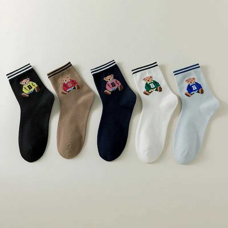 5 Pairs Womens Socks Fall Trend Striped Letter Bear Cartoon Harajuku Cute Kawaii Middle Tube Socks Casual Comfortable Warm J251128
