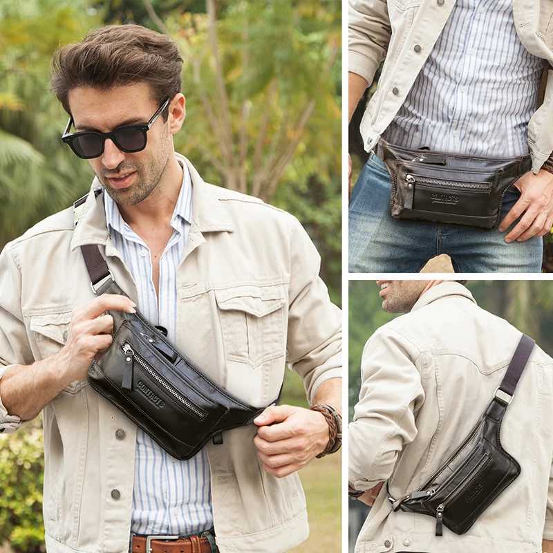 CONTACTS Genuine Leather Men Waist Pack Casual Male Fanny Pack Waist Bag Banana Pouch Cell Phone Travel Crossbody Chest BagsT251128
