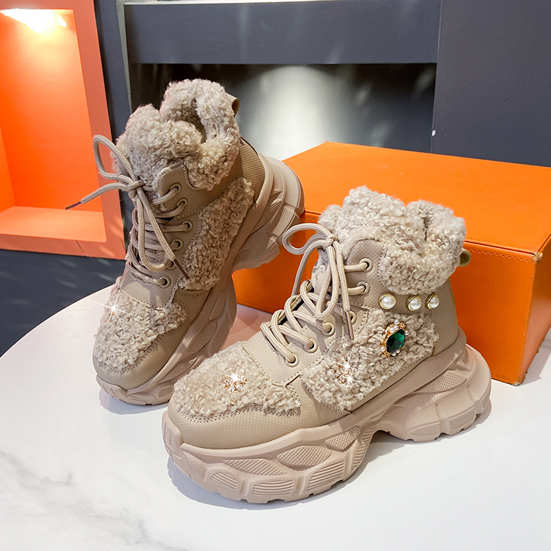 Winter Fashion Warm Shoes Crystal Metal Decorative Thick Soled Sports Shoes Women's Luxury Plush Warm BootsWomen's Luxury Velvet Warm Boots 