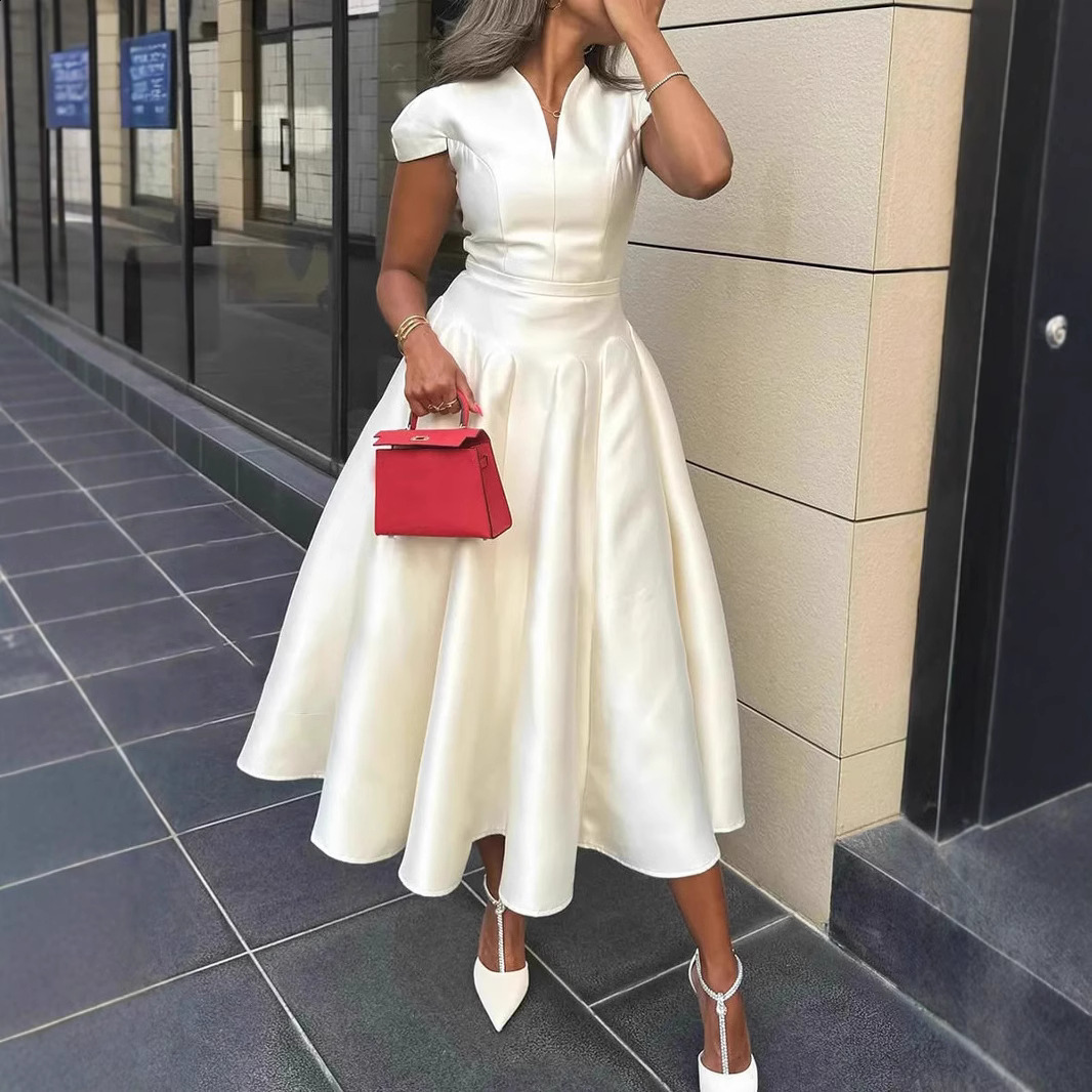 2025V collar and waist hem dress French style dress long skirt for women 240627