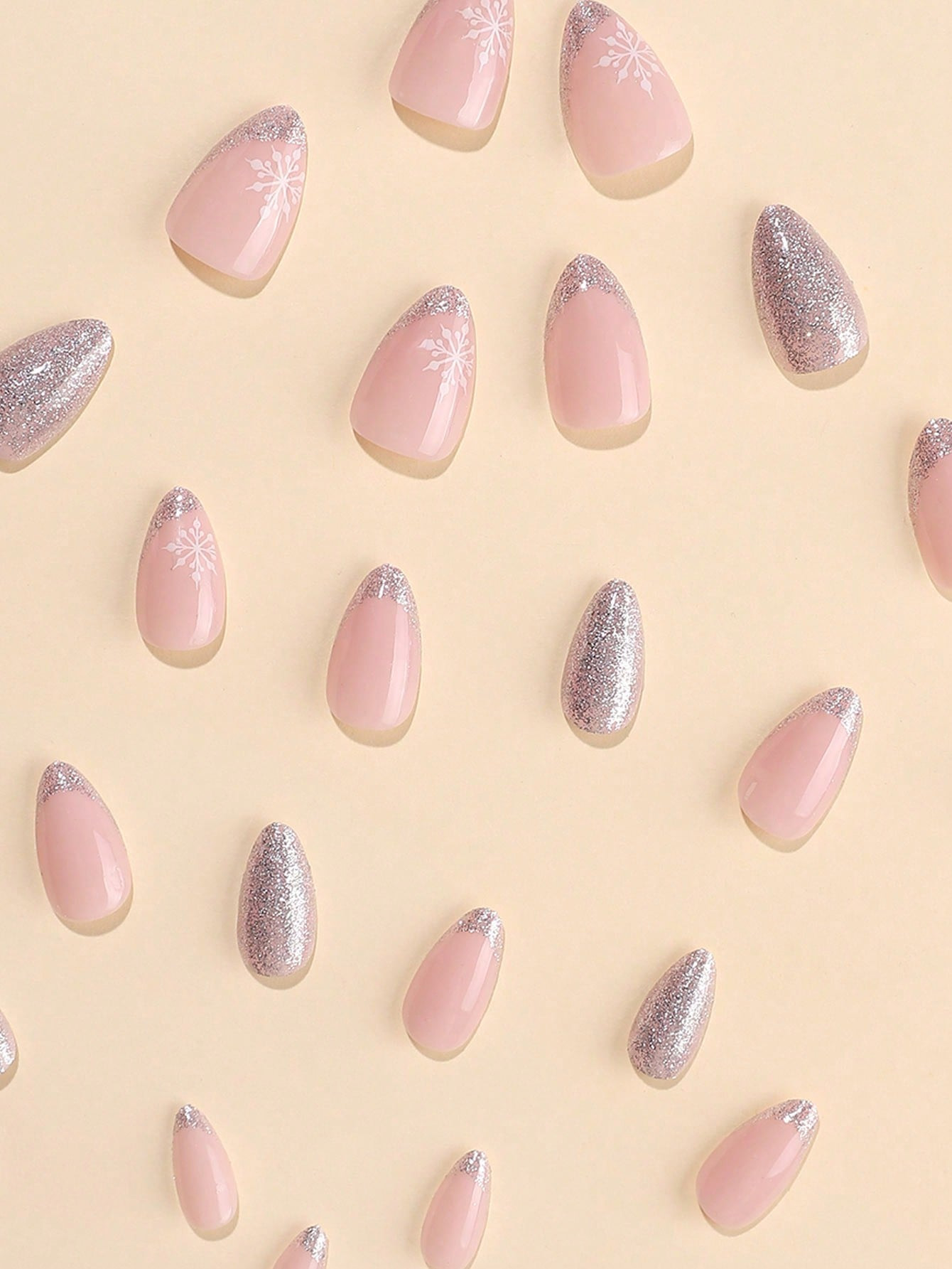 24 pieces Fake nails press-on Christmas sweet style silver glitter French manicure snowflake, pink nails, suitable for girls and women for dates, gift