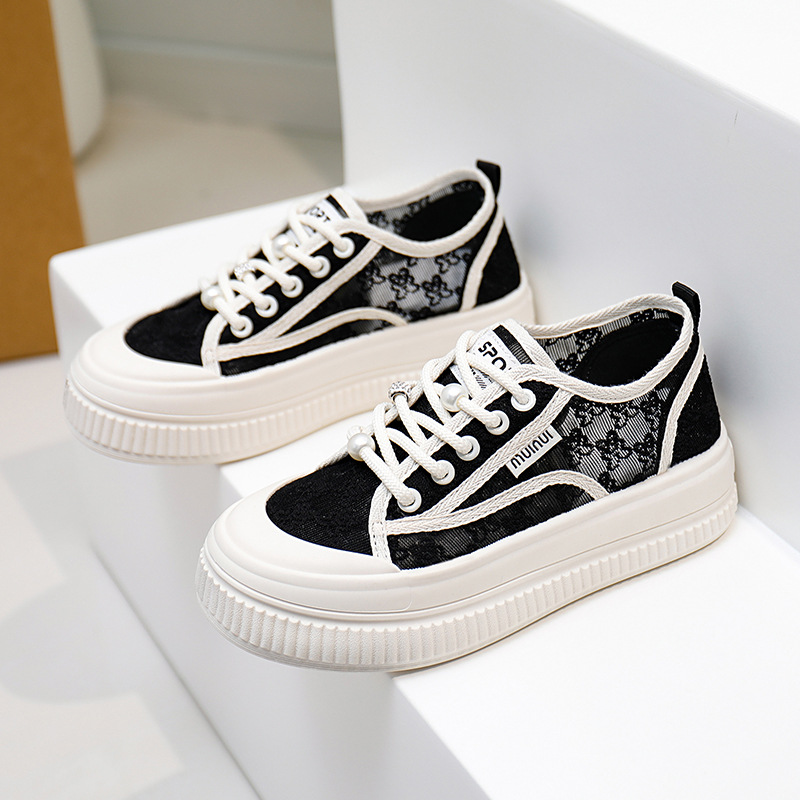 Free shipping designer 2025 Summer internet-famous breathable white sneakers, women's net shoes, versatile thick-soled lace thin casual shoes