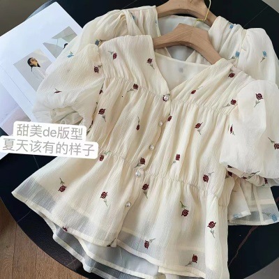 V-Neck Embroidered Chiffon Blouse for Women Mesh Top 2025 Summer New Floral Embroidery Fairy-like and Stylish Chiffon Blouse Y19042902