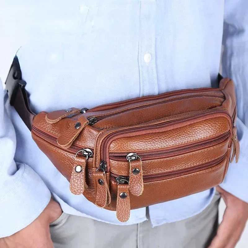 Large Capacity Waterproof Real Genuine Leather Mens Waist Bag Cowhide Male Zipper Site Workers Travel Leisure Phone Chest BagT251128