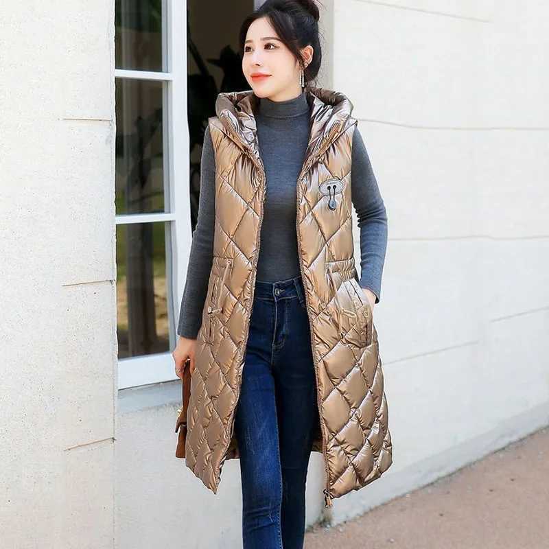 New Winter Sleeveless Jacket Coat Women Down Cotton Vest Hooded Long Autumn Female Solid Fashion Waistcoat Slim Outwear ZipperT251128