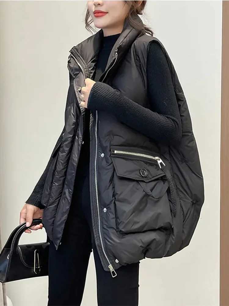 Women Loose Down Cotton Vest Autumn Winter Women Zipper Large Pocket Waistcoat Vests Female Solid Sleeveless Waistcoat VestsT251128