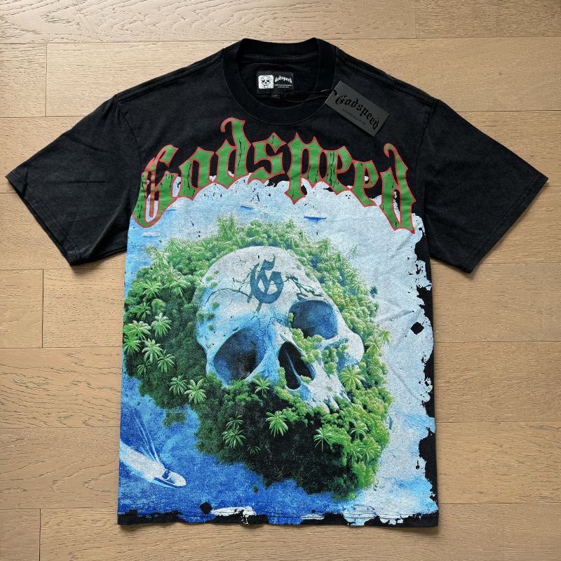 Top Quality GOD SPEED Mans Washed Black T-shirts Male Skull Print Unisex Casual Tops Men's Clothing Women's Clothes