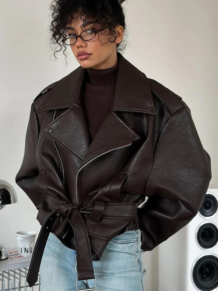 Casual Dark Red Zipper Leather Short Jacket Long Sleeve Lace Up Lapel Loose Button Coat Lady Daily High Street Wear 2025 251126
