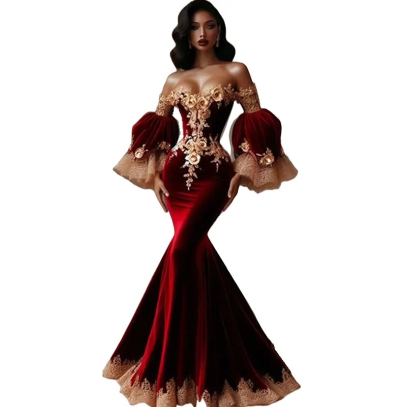 Dark Red Veet Mermaid Prom dresses With Gold ral Lace Appliques or Length Elegant Formal Evening Gowns Long Sleeves Engagement Dress For Women