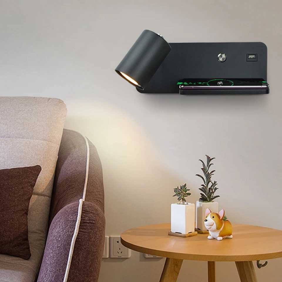 Indoor LED Wall Lamp USB And Wireless Charging Wall Light For Home Bedroom Bedside Nordic Sconce 5W GU10 Bulb Lights AC110V/220V M251128