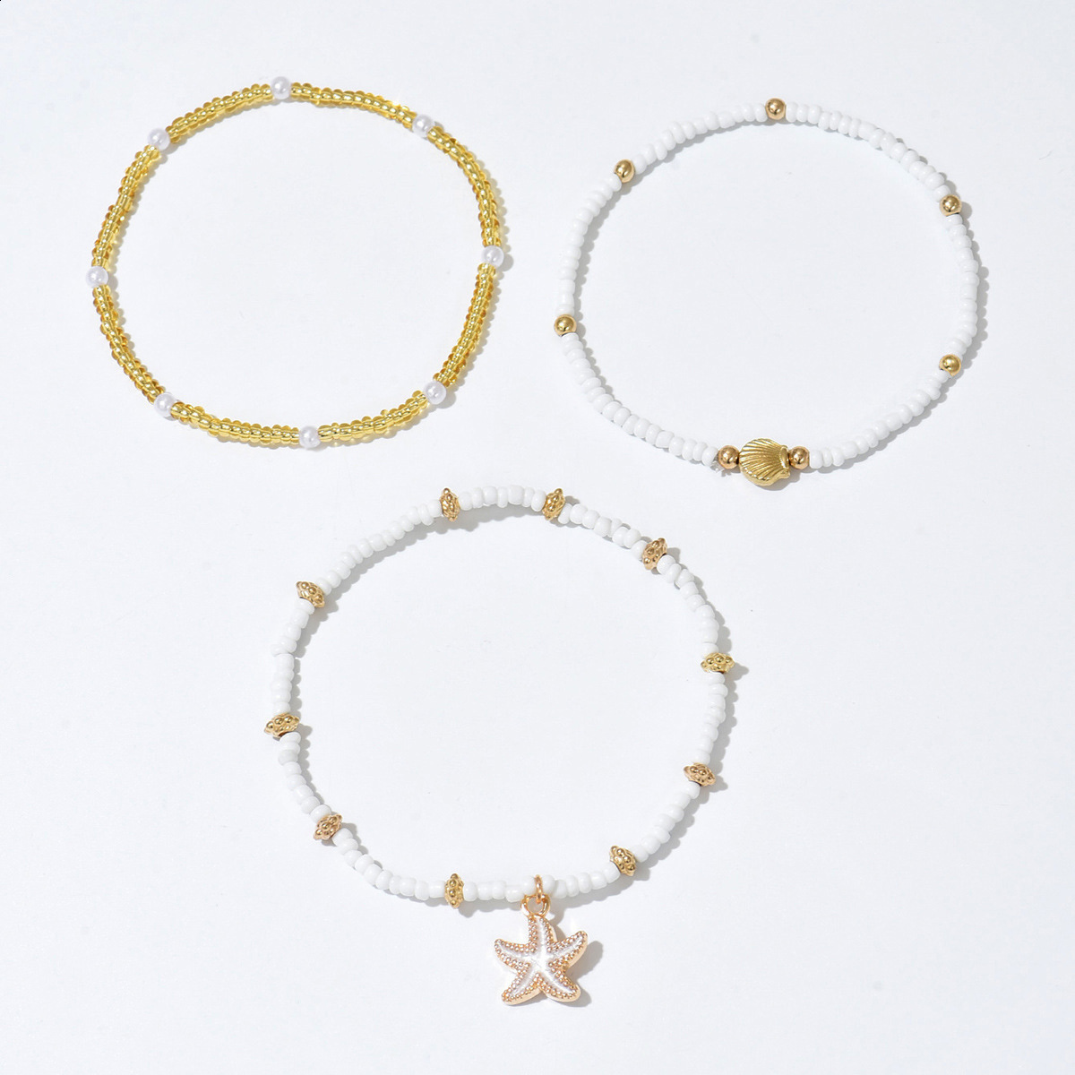 New Summer Bohemian Style Drip Oil Sea Star Shell Rice Bead Foot Chain Three Piece Set