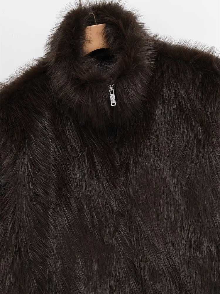 HH Fashion Womens Brown Faux Fur Vest Top 2025 Winter Elegant Female Turtleneck Fluffy Sleeveless Zipper Waistcoat OuterwearT251128