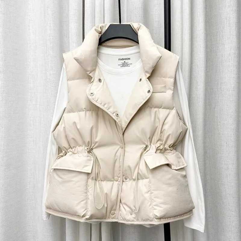 Parkas Women Vest Coats Thick Warm Sleeveless Turn Down Collar Drawstring Tight Waist Coat Single Breasted Autumn Winte CardiganT251128