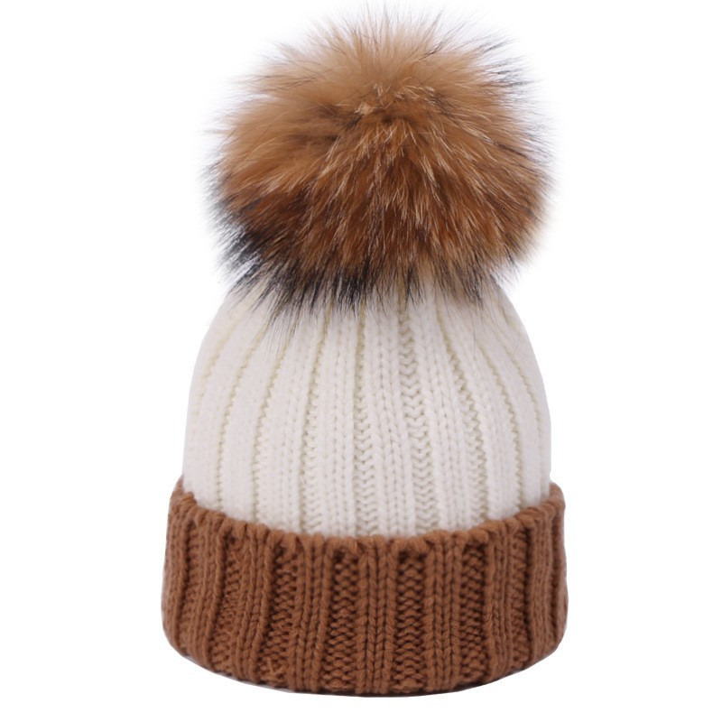 Knitted two-color woolen hat for autumn and winter warmth, rolled edge hat, Korean version two-color women's raccoon ball knitted hat