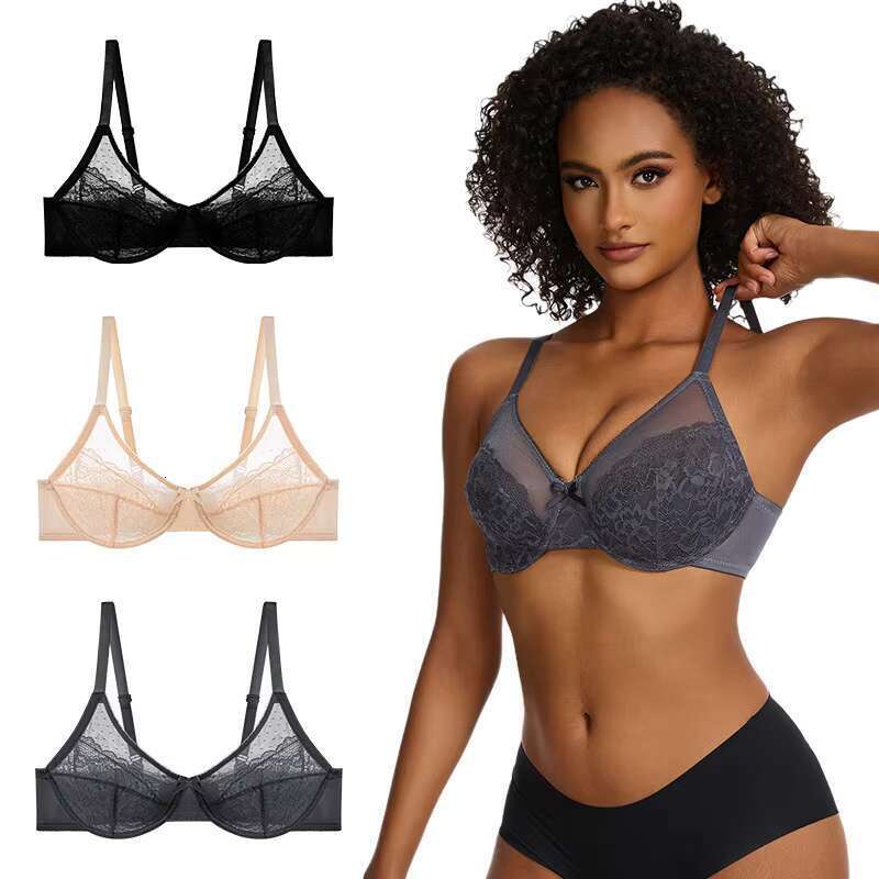 DHessentials Women's plus size nylon lace mini bra with full coverage lifting underwear, adult heavy chest, thin knit daily cup