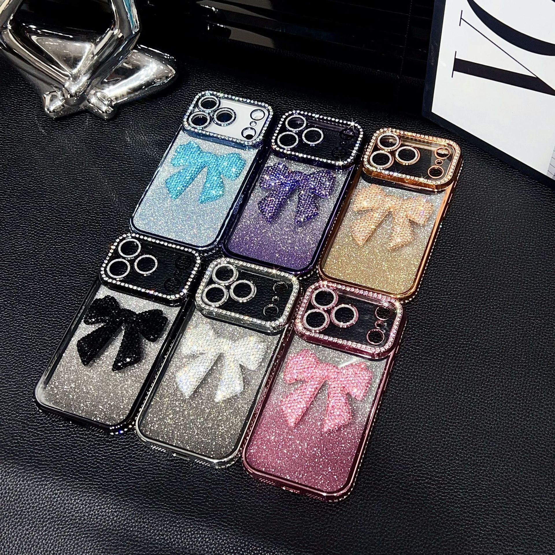 Electroplated 3D Rhinestone Bowknot Phone Case iPhone 17 Pro Max Compatible with Apple 16/15 Gradient Glitter Paper Protective Case