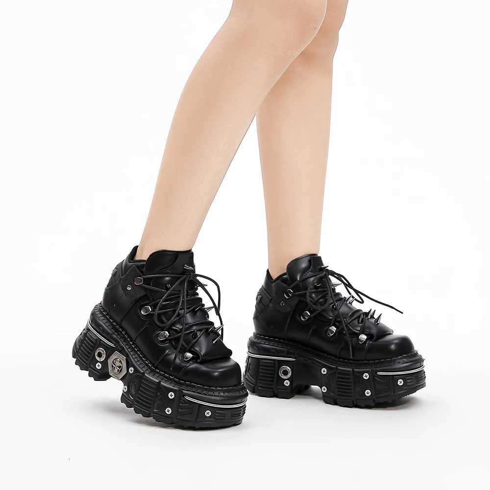 New Punk Style Women Shoes Lace-up Heel Height 6CM Platform Shoes Woman Gothic Ankle Rock Boots Metal Decor Woman Sneakers W251128